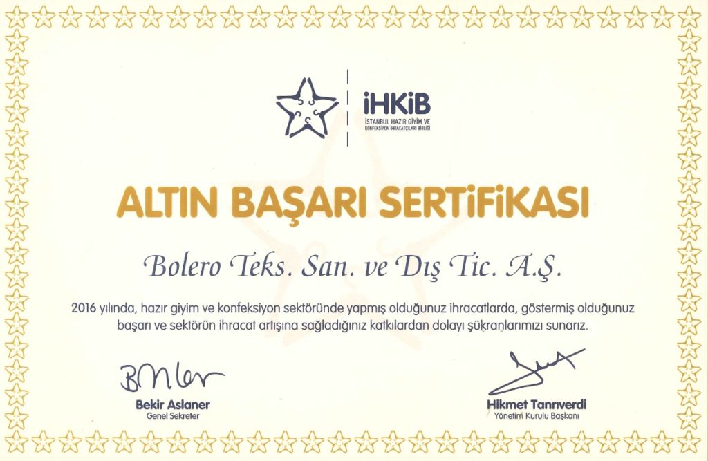 İHKİB Golden Achievement Certificate
